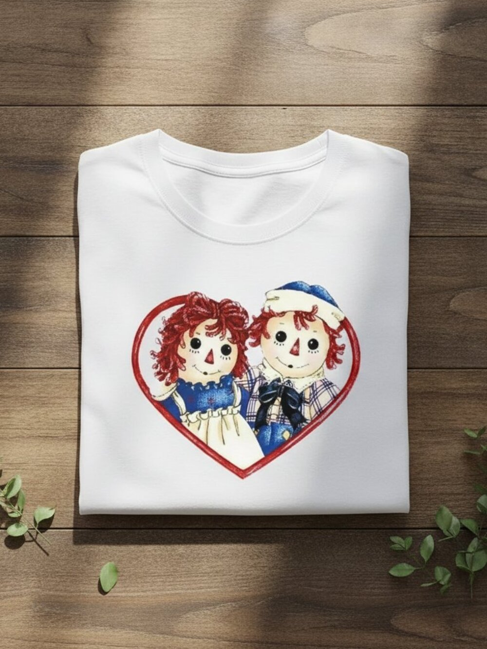 Raggedy Ann and Andy Heart Vintage Graphic White T-Shirt Nostalgic